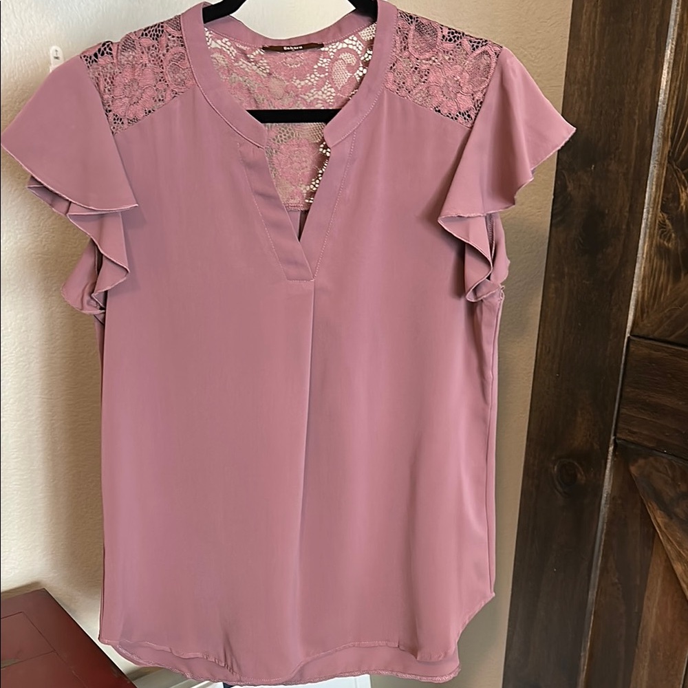 Pink Flutter Sleeve Ruffled Blouse with Mandarin Collar